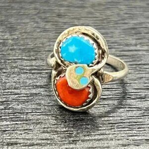 VINTAGE NATIVE AMERICAN Effie Calabaza turquoise & coral sterling silver ring